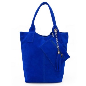 VERA PELLE torebka damska zamszowa worek shopper z saszetką na ramię V093 chabrowa