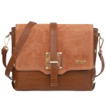 VEZZE torebka damska skórzana listonoszka kroko z klapą i paskiem na ramię V663 camel