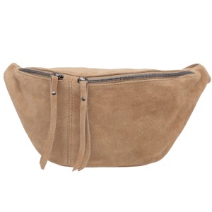 VERA PELLE nerka zamszowa saszetka biodrówka z suwakami V672 beżowa