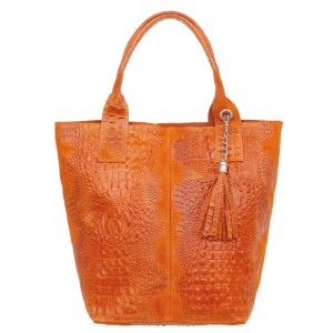 VERA PELLE torebka damska zamszowa shopper kroko z długimi rączkami i saszetką V141 pomarańczowa