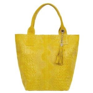 VERA PELLE torebka damska zamszowa shopper kroko z długimi rączkami i saszetką V141 żółta
