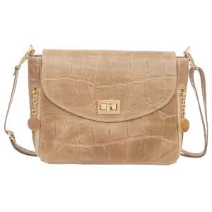 VERA PELLE torebka damska skórzana listonoszka kroko z paskiem V532 beżowa