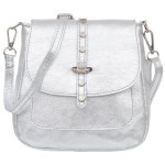 VERA PELLE torebka damska skórzana listonoszka z klapą i paskiem na ramię V645 srebrna