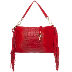 VERA PELLE torebka damska zamszowa listonoszka kroko z frędzlami i paskiem V492 czerwona
