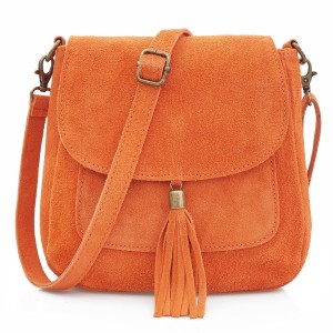 VERA PELLE torebka damska zamszowa listonoszka na ramię z klapą V449 pomarańczowa