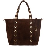 VERA PELLE torebka damska zamszowa shopper z kółkami i paskiem na ramię V699 ciemna brązowa