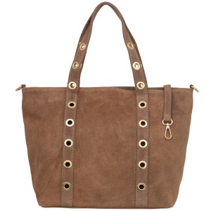 VERA PELLE torebka damska zamszowa shopper z kółkami i paskiem na ramię V699 taupe