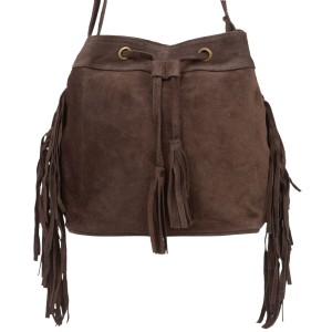 VERA PELLE torebka damska zamszowa listonoszka worek z frędzlami boho na ramię V477 ciemna brązowa