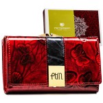 PETERSON portfel damski skórzany średni lakierowany elegancki z motylami i biglem P250 czerwony