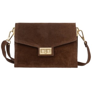 VERA PELLE torebka damska zamszowa listonoszka z klapą i paskiem na ramię V688 brązowa