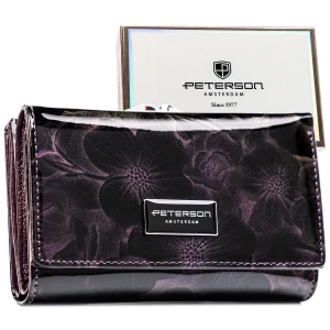 PETERSON portfel damski skórzany średni lakierowany z kwiatami P264 ciemny fioletowy