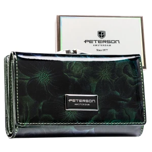 PETERSON portfel damski skórzany średni lakierowany z kwiatami P264 ciemny zielony