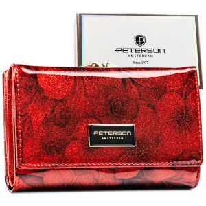 PETERSON portfel damski skórzany średni lakierowany z kwiatami P264 czerwony