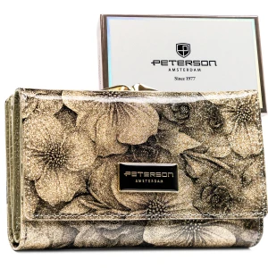 PETERSON portfel damski skórzany średni lakierowany z kwiatami P264 złoty