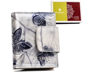 PETERSON portfel damski skórzany mały lakierowany z motylami P170 srebrny