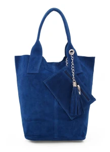 VERA PELLE torebka damska zamszowa worek shopper z suwakiem i saszetką V146 ciemna jeansowa
