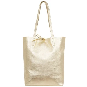 VERA PELLE torebka damska skórzana shopper z rzemykami i długimi rączkami na ramię V727 złota