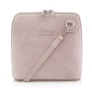 VERA PELLE torebka damska zamszowa listonoszka stożek z paskiem na ramię V452 jasna różowa