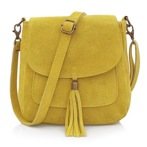 VERA PELLE torebka damska zamszowa listonoszka na ramię z klapą V449 żółta